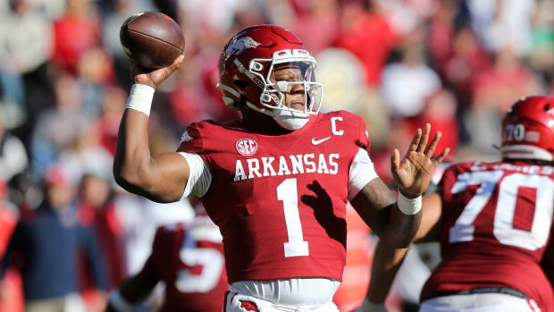 Arkansas quarterback KJ Jefferson attempts a pass.